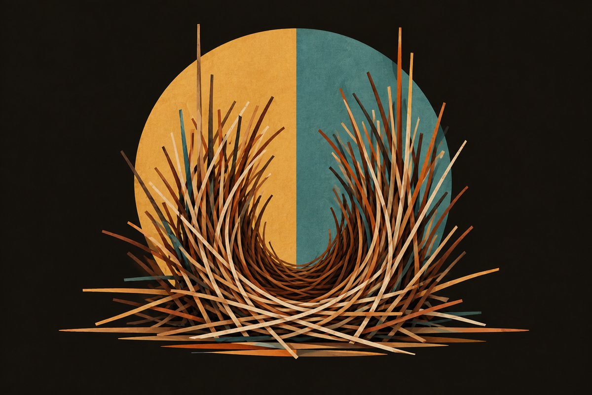 Bower Built logo: a woven nest of wooden strands in front of a half-gold, half-teal circle